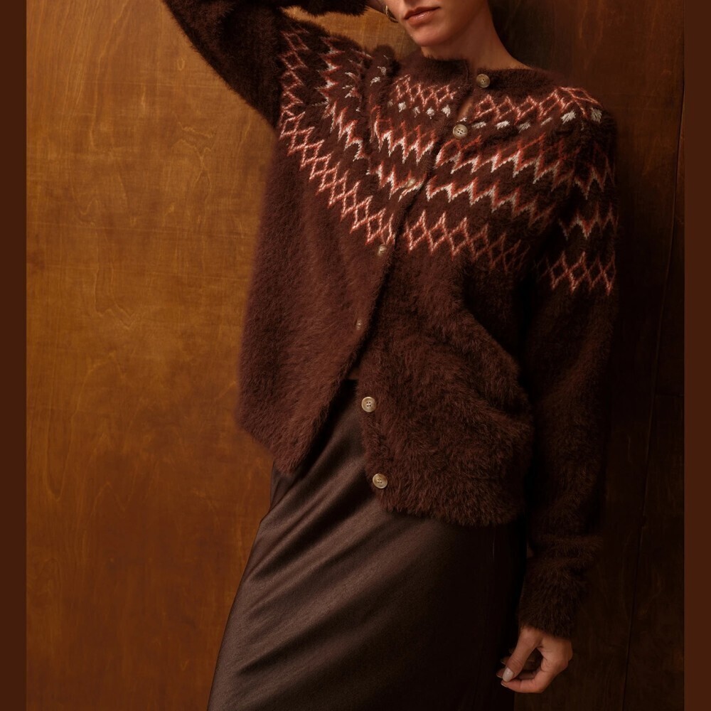 Brown Fuzzy Knit Fair Isle Button Front Short Cardigan